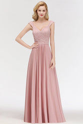Long A-line V-neck Sweetheart Sleeveless Lace Chiffon Bridesmaid Dresses-27dress